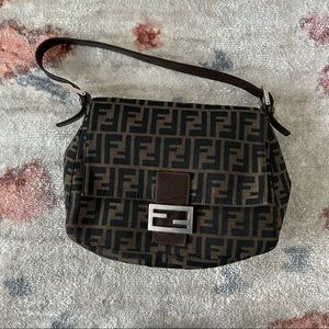 Fendi Leather Zucca Mamma Baguette Shoulder Hand Brown Canvas Tote